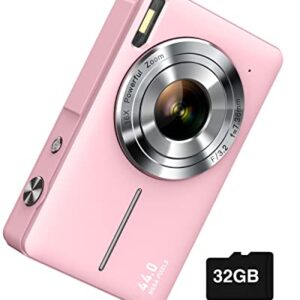 Digital Camera, FHD 1080P, Digital Point and Shoot, 44MP for Vlogging with Anti Shake 16X Zoom, Compact, Small for Kids Boys Girls Teens Students Seniors- Pink