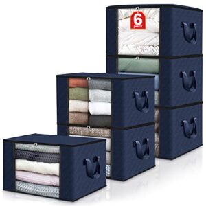 Fab totes 6 Pack Clothes Storage, Foldable Blanket Storage Bags, Storage Containers for Organizing Bedroom, Closet, Clothing, Comforter, Organization and Storage with Lids and Handle, Blue