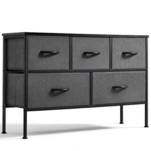 LINSY HOME Dresser for Bedroom with 5 Drawers, Fabric Long Dresser, Wide Chest of Drawers, Storage Organizer Unit for Closet, Living Room, Hallway, Nursery Dark Grey