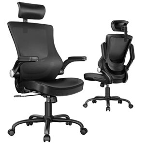 Marsail Office Chair Ergonomic Desk-Chair: Mesh Back Computer Chair with PU Leather Seat,Adjustable Lumbar Support&Flip-up Armrests,Ergonomic Adjustable Height Home Office Desk Chairs,Black