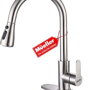 Mueller Kitchen Sink Faucet, Single Handle Stainless Steel Kitchen Faucets, Single Lever, Pull-Out Sprayer Head, High Arc, Stream Flow, Kitchen Faucet with Sprayer and Deck Plate Brushed Nickel Finish