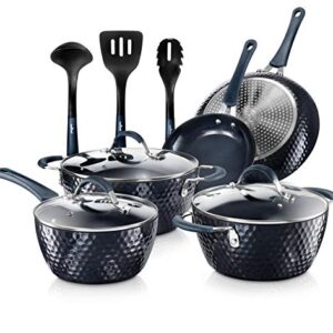 Nutrichef 11 Piece Nonstick Ceramic Cookware Excilon Home Kitchen Ware Pots & Pan Set with Saucepan Frying Pans, Cooking Pots, Lids, Utensil PTFE/PFOA/PFOS Free, Blue Diamond Pcs