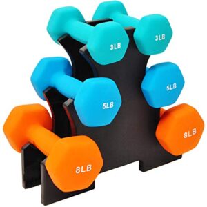 Signature Fitness Neoprene Dumbbell Hand Weights, Anti-Slip, Anti-roll, Hex Shape Colorful, 32-Pound Set with Rack, 3 Pairs: 3LB, 5LB and 8LB Pairs