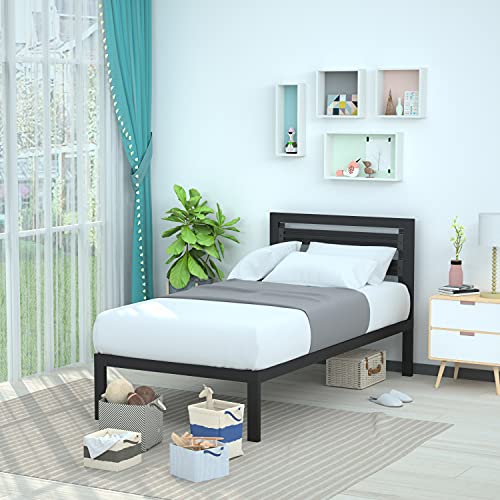 Amazon Basics Industrial Metal Bed Frame with Headboard and Wood Slats, 14 Inches High, Twin, Black