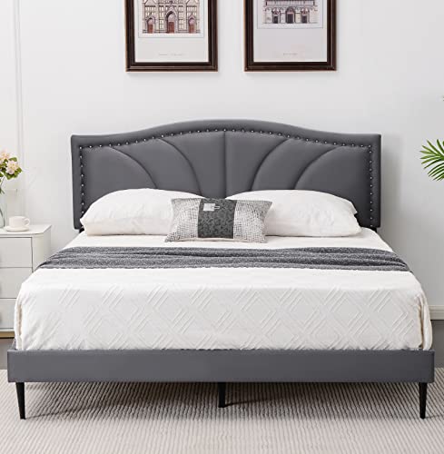 AsKmore Queen Size Bed Frame,Velvet Upholstered Platform Bed with Decorative Flower Line & Nailhead Trim Headboard with Wood Slat Support,No Box Spring Needed，Easy Assembly, Grey