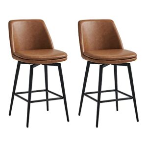 CHITA Counter Height Swivel Barstools, Upholstered Faux Leather Bar Stools Set of 2, Metal Base, 27.2" Seat Height, Saddle Brown