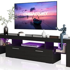 Clikuutory Modern LED 63 inch TV Stand with Large Storage Drawer for 40 50 55 60 65 70 75 Inch TVs, Black Wood TV Console with High Glossy Entertainment Center for Gaming, Living Room, Bedroom