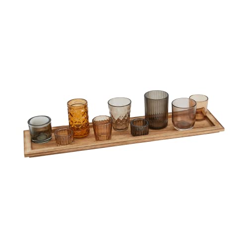 Creative Co-Op Wood Tray with 9 Brown Glass Votive Holders (Set of 10 Pieces)