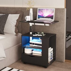 dnbss Nightstand with Charging Station and LED Lights, Modern Bedside Table, White Night Stand, End Side Table with Laptop Tray, Storage Shelf, Drawer, Smart Workstation for Bedroom
