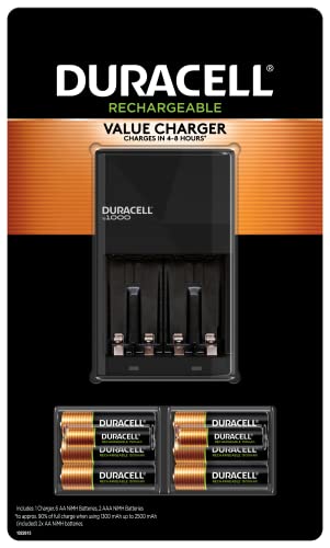 Duracell Ion Speed 1000 Battery Charger for AA and AAA batteries, Includes 6 AA and 2 AAA Pre-Charged Rechargeable Batteries, for Household and Business Devices