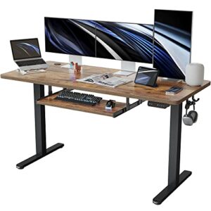 FEZIBO 63-Inch Large Height Adjustable Electric Standing Desk with Keyboard Tray, 63 x 24 Inches Sit Stand up Desk with Splice Board, Black Frame/Rustic Brown Top