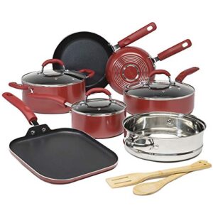 Goodful Cookware Set with Premium Non-Stick Coating, Dishwasher Safe Pots and Pans, Tempered Glass Steam Vented Lids, Stainless Steel Steamer, and Bamboo Cooking Utensils Set, 12-Piece, Red