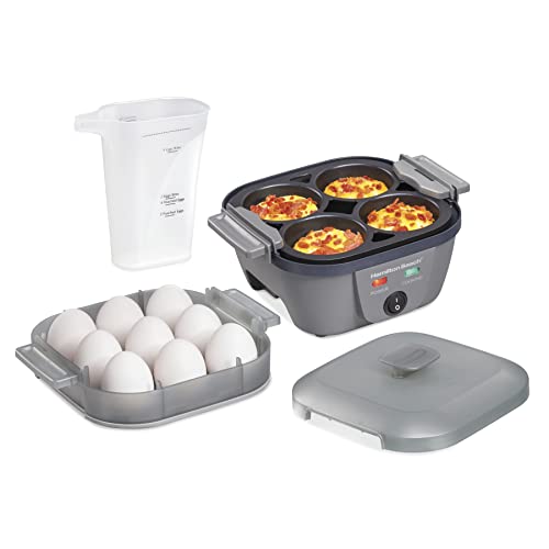 Hamilton Beach 6-in-1 Electric Egg Cooker for Hard Boiled Eggs, Sous Vide Style Egg Bite Maker and Poacher, 5.25” Non-Stick Skillet for Omelets, Scrambling & Frying, Grey (25510)
