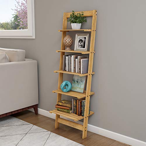 Lavish Home 5-Tier Ladder Bookshelf- Leaning Decorative Shelves, Pickled Oak Finish