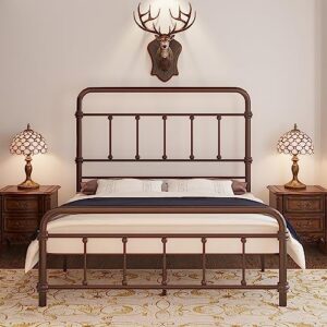 Macbimony Queen-Bed-Frame with headboard Giselle-Vintage Antique-Metal - Platform Mattress Foundation,49 inch High,No Box Spring Needed(Brown)