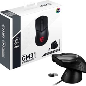 MSI Clutch GM31 Lightweight Wireless Ergonomic Gaming Mouse & Charging Dock, 12K DPI Optical Sensor, 60M Omron Switches, Fast-Charging 110Hr Battery, RGB Mystic Light, 5 Programmable Buttons, PC/Mac