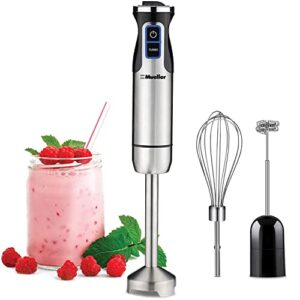 Mueller Austria Ultra-Stick 500 Watt 9-Speed Immersion Multi-Purpose Hand Blender Heavy Duty Copper Motor Brushed Stainless Steel Finish With Whisk, Milk Frother Attachments, Silver