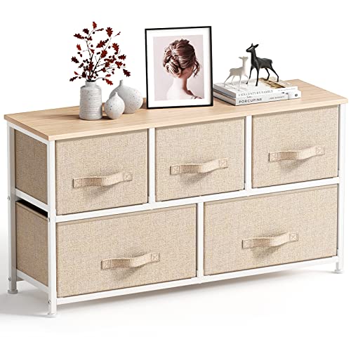 Pipishell Fabric Dresser, Dresser for Bedroom with 5 Drawers, Wide Dresser Storage Tower Organizer Unit with Wood Top and Easy Pull Handle for Closets, Living Room, Nursery Room, Hallway