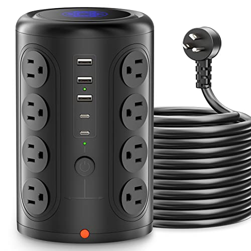 Power Strip Tower with 16 Outlets and 5 USB Ports (2 USB-C), TenTrend 1875W 2000J Surge Protector with 6 FT Extention Cord, Multi Outlet Tower for Home Office Desk, Dorm Room Essentials