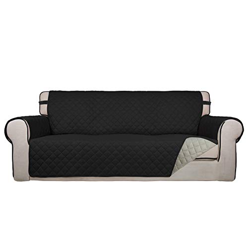 PureFit Reversible Quilted Sofa Cover, Water Resistant Slipcover Furniture Protector, Washable Couch Cover with Non Slip Foam and Elastic Straps for Kids, Dogs, Pets (Oversized Sofa, Black/Beige)