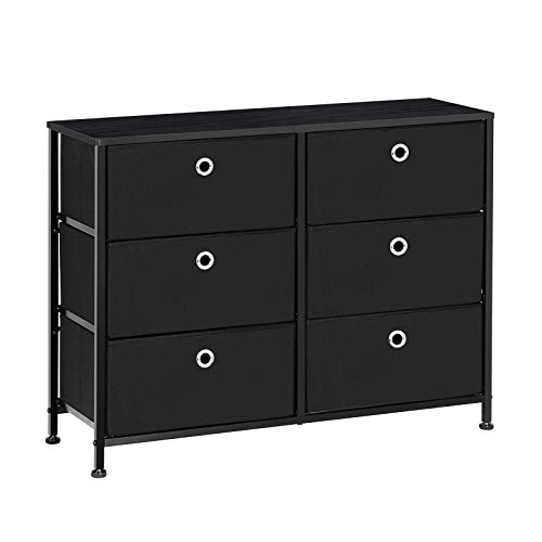 SONGMICS 3-Tier Dresser, Storage Unit with 6 Easy Pull Fabric Drawers, Metal Frame, and Wooden Tabletop, for Closet, Nursery, 31.5", Black