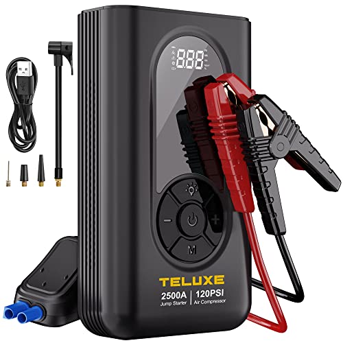 TELUXE Jump Starter with Air Compressor, 2500A 120PSI Car Battery Jump Starter with Digital Tire Inflator, 12V Lithium Jump Box for Vehicles, Car Battery Booster for 8.5L Gas or 6.0L Diesel Engines.