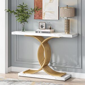 Tribesigns Gold Entryway Table, Modern 39-Inch Console/Accent Table with Geometric Metal Legs, Faux Marble Narrow Wood Sofa,Foyer Table for Entrance, Living Room (Gold & White)