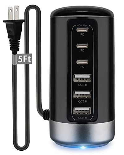 Universal USB C Tower Fast Charging Station 6-Port 60W - Compact, Space-Saving Design with 20W USB-C & 18W USB-A Ports for All iPhone 14/13/12 Galaxy Fold Note Pixel iPad Multiple Devices
