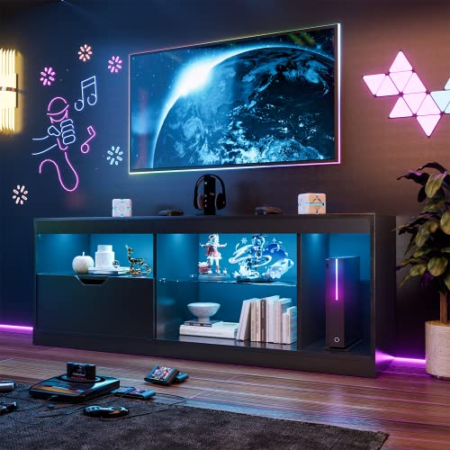 YESHOMY Modern LED TV Stand for Televisions up to 65+ Inch with Glass Shelves and Drawer, Gaming Entertainment Center with Multiple Dynamic RGB Modes, for Livingroom, Bedroom, 55 Inch, Black