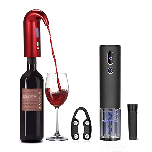 Electric Wine Aerator, SANMAS Wine Gift Sets with Electric Wine Bottle Openers, Wine Foil Cutter, Wine Opener, Vacuum Stoppers, Rechargeable (Red)