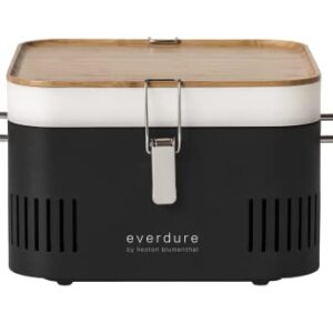 Everdure CUBE Portable Charcoal Grill, Tabletop BBQ, Perfect Tailgate, Beach, Patio, or Camping Grill, Lightweight & Compact Small Grill with Preparation Board & Food Storage Tray, Matte Black