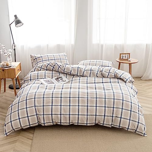 FACE TWO FACE Bedding Duvet Cover Set 3 Pieces 100% Washed Cotton Duvet Cover Linen Like Textured Breathable Durable Soft Comfy (Queen, Blue Grid)