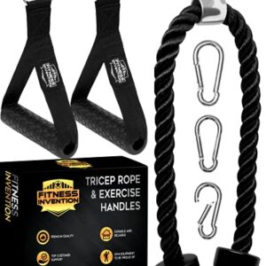 Fitness Invention Tricep Rope Cable Attachment 35" - Cable Machine Handles 2X - Carabiner Clips 3X - Cable Machine Attachment - Tricep Pull Down Rope for Gym