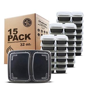Freshware Meal Prep Containers [15 Pack] 2 Compartment with Lids, Food Storage Containers, Bento Box, BPA Free, Stackable, Microwave/Dishwasher/Freezer Safe (28 oz), Black