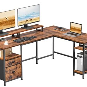 Furologee 66" L Shaped Computer Desk with Shelves, Corner Gaming Desk with File Drawer and Dual Monitor Stand, Large Home Office Desk Writing Study Table Workstation, Rustic Brown