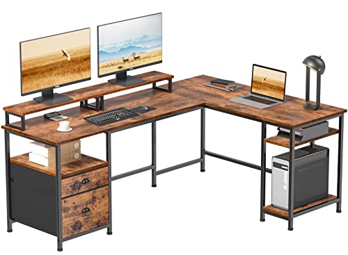 Furologee 66" L Shaped Computer Desk with Shelves, Corner Gaming Desk with File Drawer and Dual Monitor Stand, Large Home Office Desk Writing Study Table Workstation, Rustic Brown