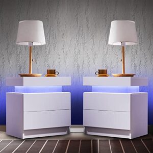 Generic Nightstand Set of 2 LED Nightstand with 2 Drawers, Bedside Table with Drawers for Bedroom Furniture, Side Bed Table with LED Light, White