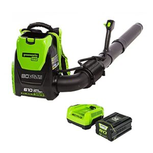 Greenworks 80V (180 MPH / 610 CFM / 75+ Compatible Tools) Cordless Brushless Backpack Leaf Blower, 2.5Ah Battery and Rapid Charger Included