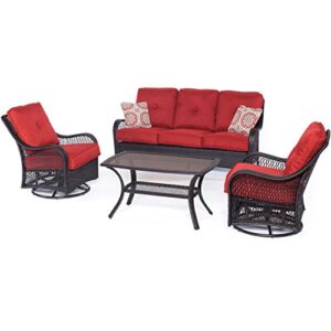 Hanover Piece All-Weather Orleans Steel Patio Set Wicker, Sofa, Autumn Cushions, 4 Pillows and Glass Top Rectangular Coffee Table, Berry RED/Brown