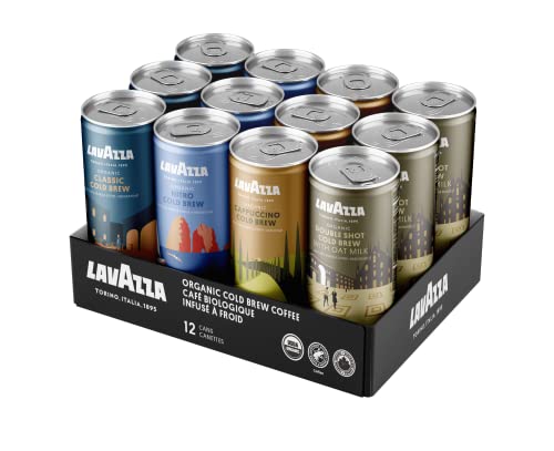 Lavazza Organic Cold Brew Coffee Variety Pack of 12 Count - Balanced, Complex, Smooth, Fruity, Sweet, Creamy, Medium and Dark Roast, 100% Arabica, USDA Organic and Rainforest Alliance Certified,1 Count(Pack of 12)