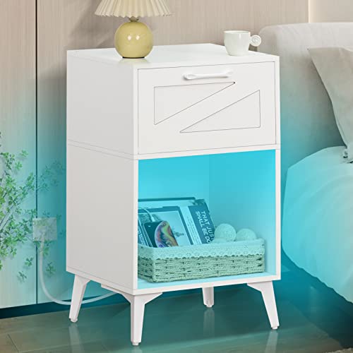 Lerliuo Nightstand with Charging Station and Led Lights, Night Stand with USB Ports and Outlets, Modern Bedside Table with Drawer and Storage Shelf, White Smart Side Tables for Bedroom
