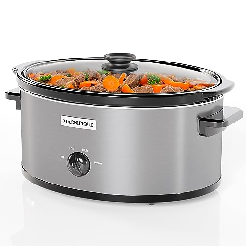 MAGNIFIQUE Oval Digital Slow Cooker with Keep Warm Setting - Perfect Kitchen Small Appliance for Family Dinners (Stainless Steel Manual, 7 Qt)