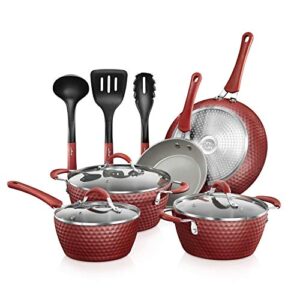 NutriChef Non-Stick Kitchenware Pots & Pans-11 Pcs. Stylish Kitchen Cookware Set w/Elegant Diamond Pattern, Gray Inside & Red Outside, Metal, Silicone Handle, PTFE/PFOA/PFOS Free, Red