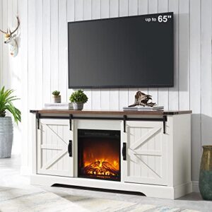 OKD Farmhouse Electric Fireplace TV Stand for 65+ Inch TV, Rustic Entertainment Center with 18" Fireplace, Sliding Barn Door, Storage shelves, Wood Media Console Cabinet for Living Room, Antique White