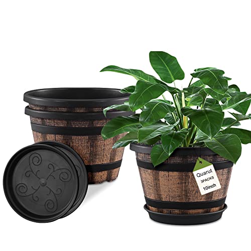 Plant Pots Set of 3 Pack 10 inch,Whiskey Barrel Planters with Drainage Holes & Saucer.Plastic Decoration Flower Pots Imitation Wine Barrel Design,Canbe for Indoor & Outdoor Garden Home Plants ( Brown)