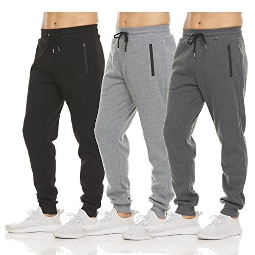 PURE CHAMP Mens 3 Pack Fleece Active Athletic Workout Jogger Sweatpants for Men with Zipper Pocket and Drawstring Size S-3XL (Large, Set 1)