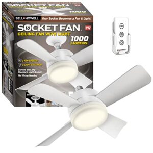 Socket Fan Light AS SEEN ON TV, 1000 Lumens Low Profile Ceiling Fan with Light and Remote, Screws into Light Socket No Wiring Needed, 3 Fan Speeds / 3 Light Settings, College Dorm Room Essentials