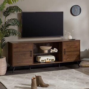 Walker Edison Saxon Mid Century Modern Glass Shelf TV Stand for TVs up to 65 Inches, 60 Inch, Walnut