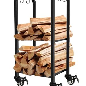 Artibear Small Rolling Firewood Rack on Lockable Wheels, Movable Fire Wood Holder Log Storage Stacker Stand for Outdoor Indoor Fireplace