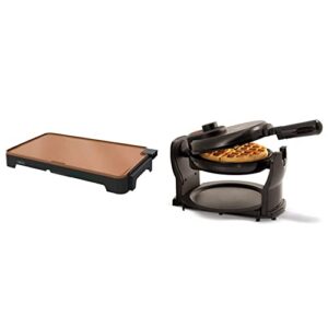 BELLA XL Electric Ceramic Titanium Griddle, 12" x 22", Copper/Black & Classic Rotating Non-Stick Belgian Waffle Maker, Perfect 1" Thick Waffles, Browning Control, Black